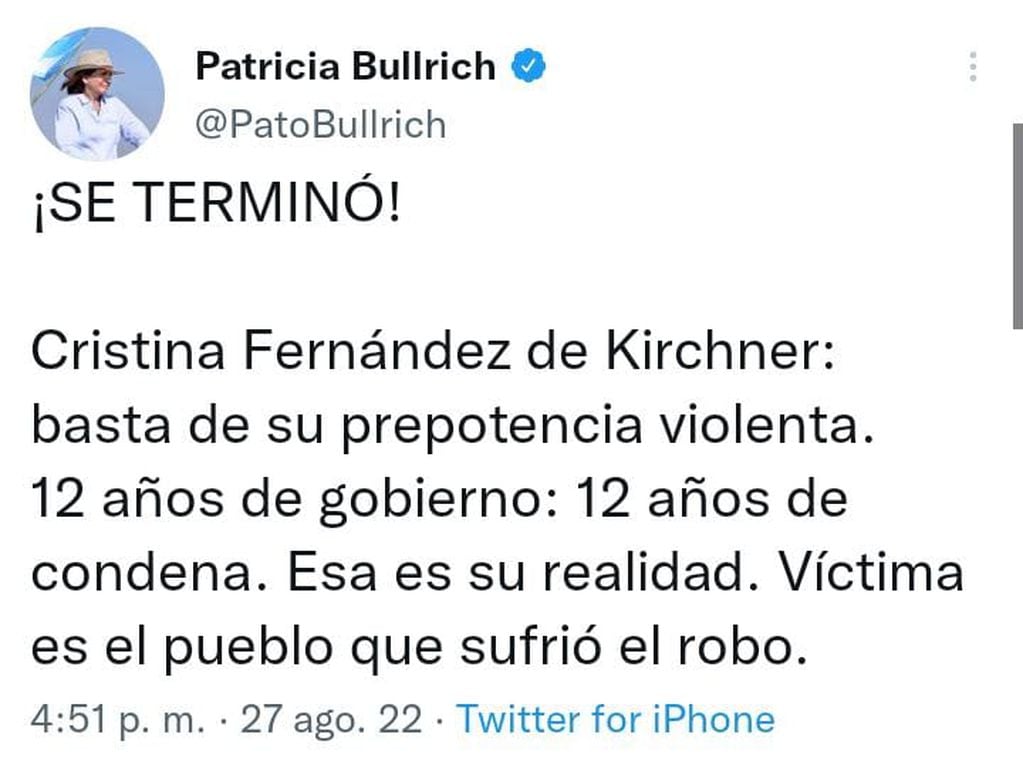 El tuit de Patricia Bullrich que enojó a Cristina Kirchner