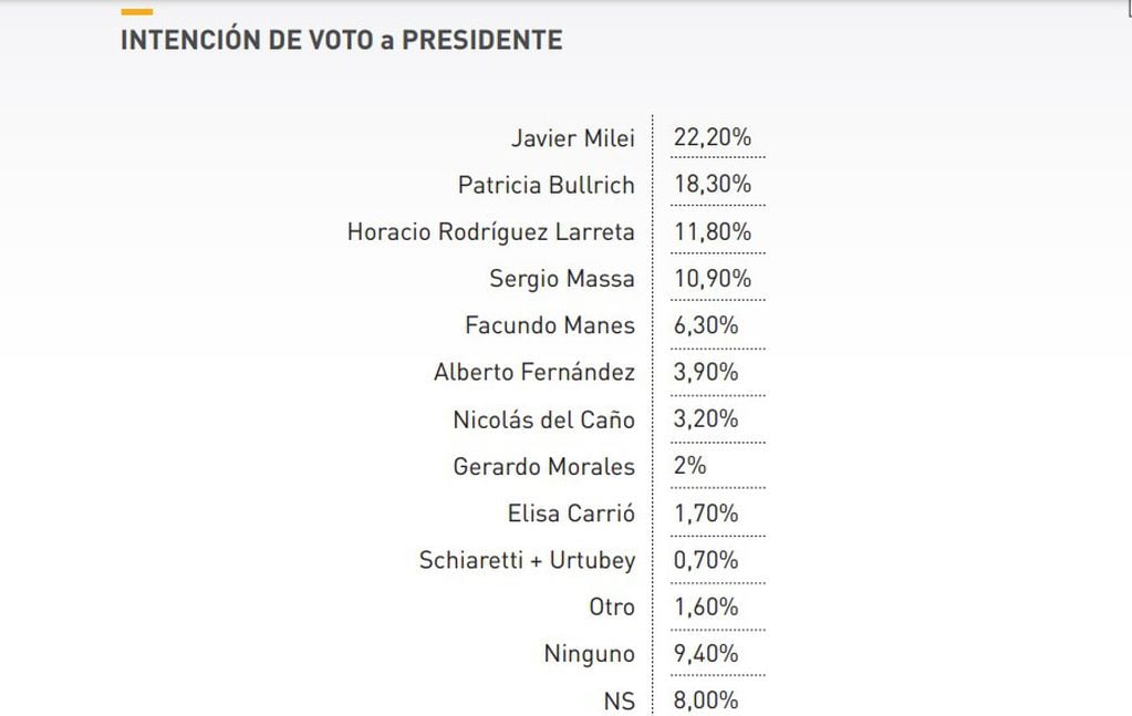 El ranking presidencial en intención de voto lo lidera Javier Milei.