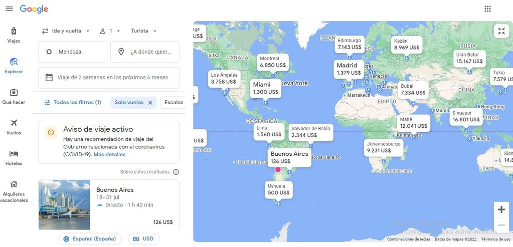 El mapa del mundo de las ofertas que muestra Google Flights