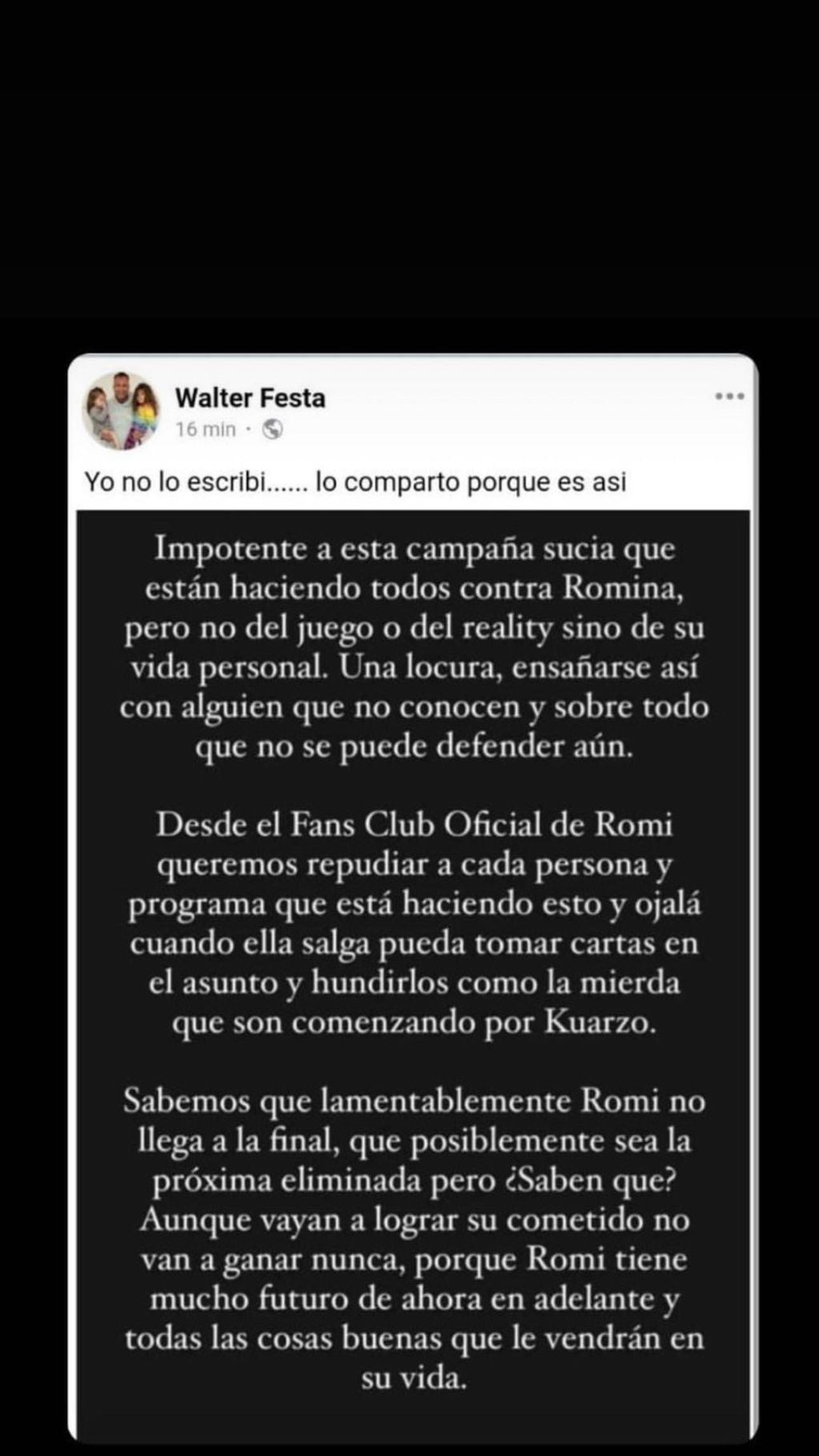 Walter Festa, el ex de Romina de Gran Hermano, aseguró que hay una “campaña sucia” en contra de la participante.
