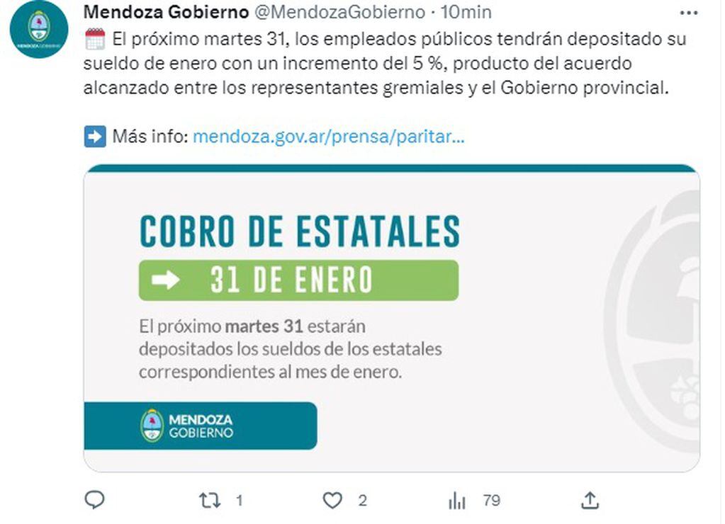 Fecha de pago a estatales de Mendoza: 31 de enero de 2023 (Twitter)