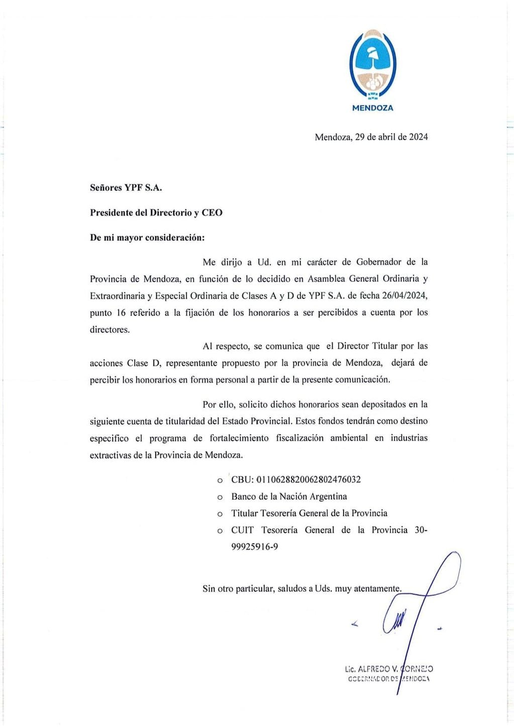El gobernador Alfredo Cornejo pide que le depositen al Gobierno provincial el aumento salarial de Jimena Latorre.