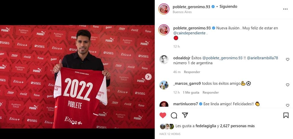 La publicación de Poblete en el momento de su firma de contrato con Independiente de Avellaneda.