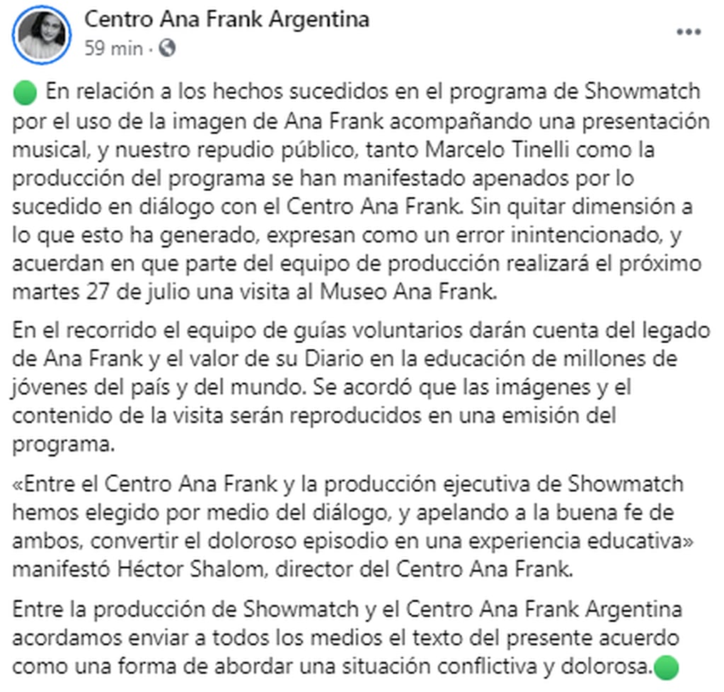 Segundo posteo del Centro Ana Frank Argentina.