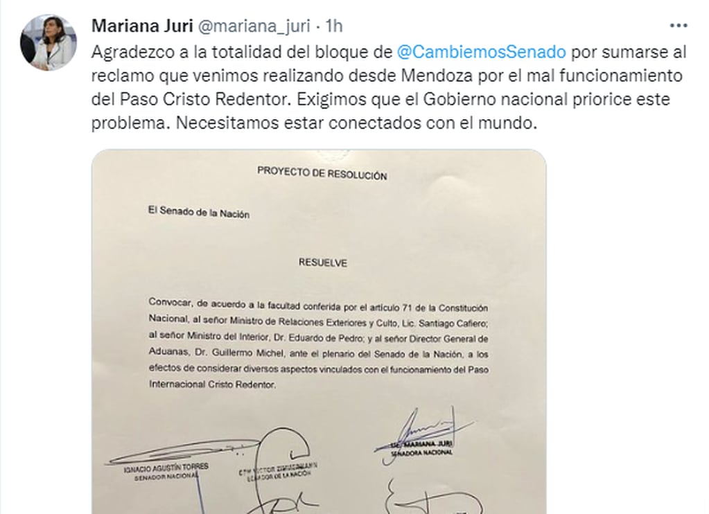Mariana Juri pide por funcionarios nacional por los problemas del Paso a Chile.