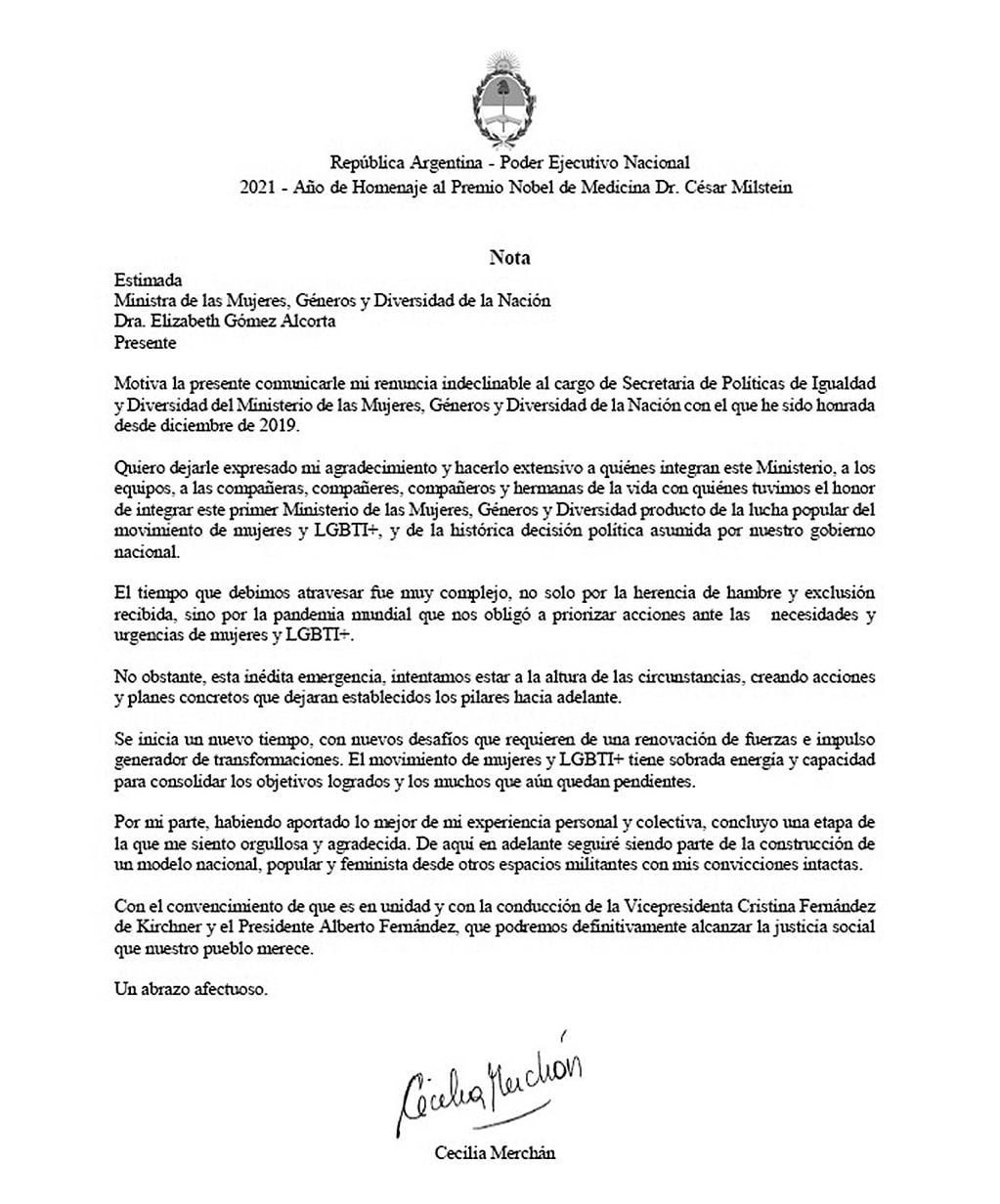 Carta de renuncia de Cecilia Merchán.