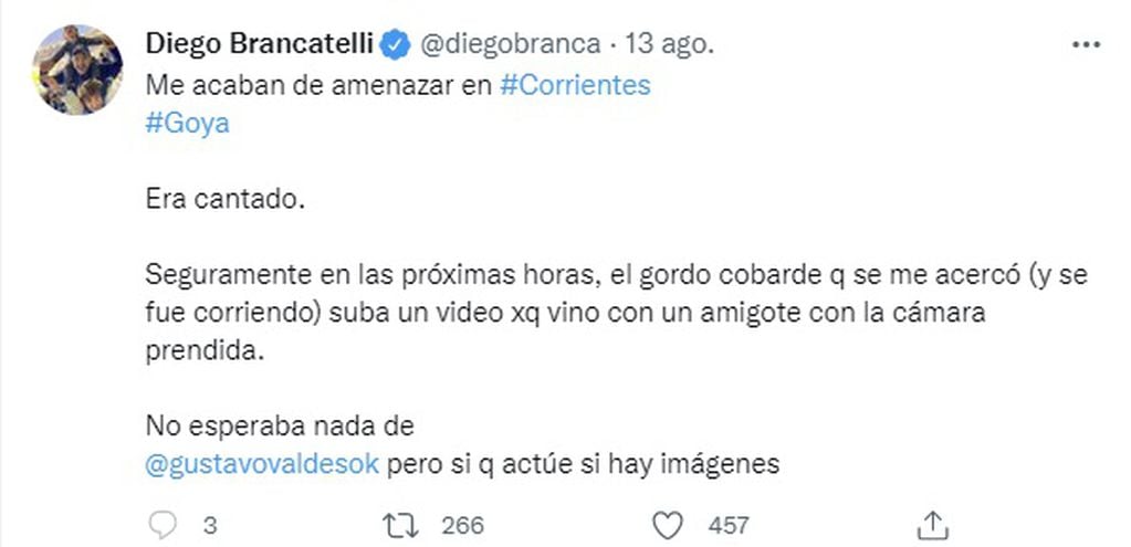 Diego Brancatelli denunció que fue escrachado con polenta por ser kichnerista (Twitter)