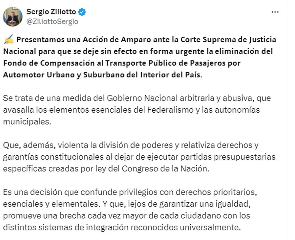 El gobernador de La Pampa, Sergio Ziliotto, hizo este viernes una presentación judicial para dejar sin efecto la eliminación del Fondo Compensador al Transporte. Gentileza: X @ZiliottoSergio.