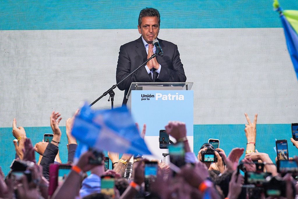Elecciones 2023. Sergio Massa, candidato de Unión por la Patria, celebra en el búnker. (Gentileza Clarín)