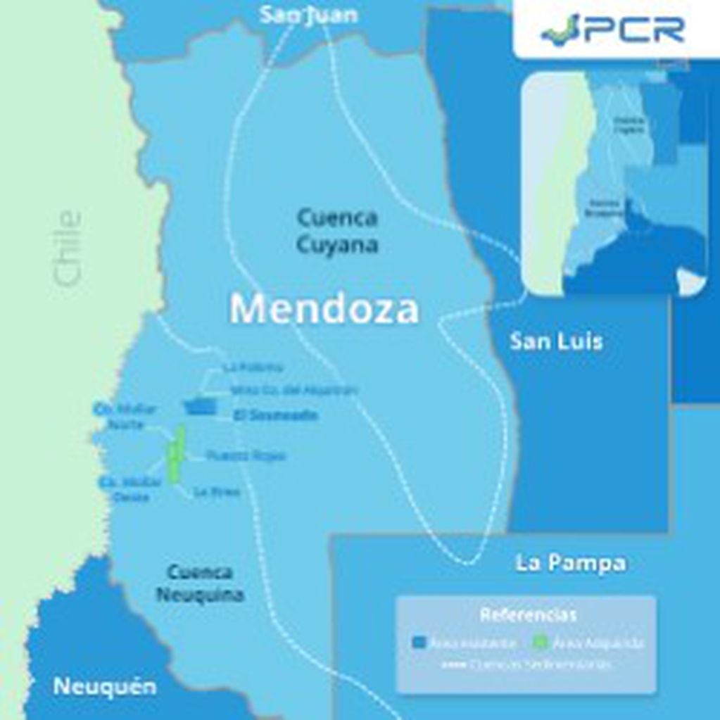 Esta es la ubicación geográfica de las zonas petroleras que adquirió PCR en el sur provincial. 