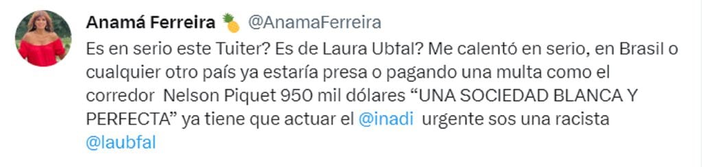 Anamá Ferreira criticó a Laura Ubfal por su polémico comentario. Foto: Twitter/@AnamaFerreira