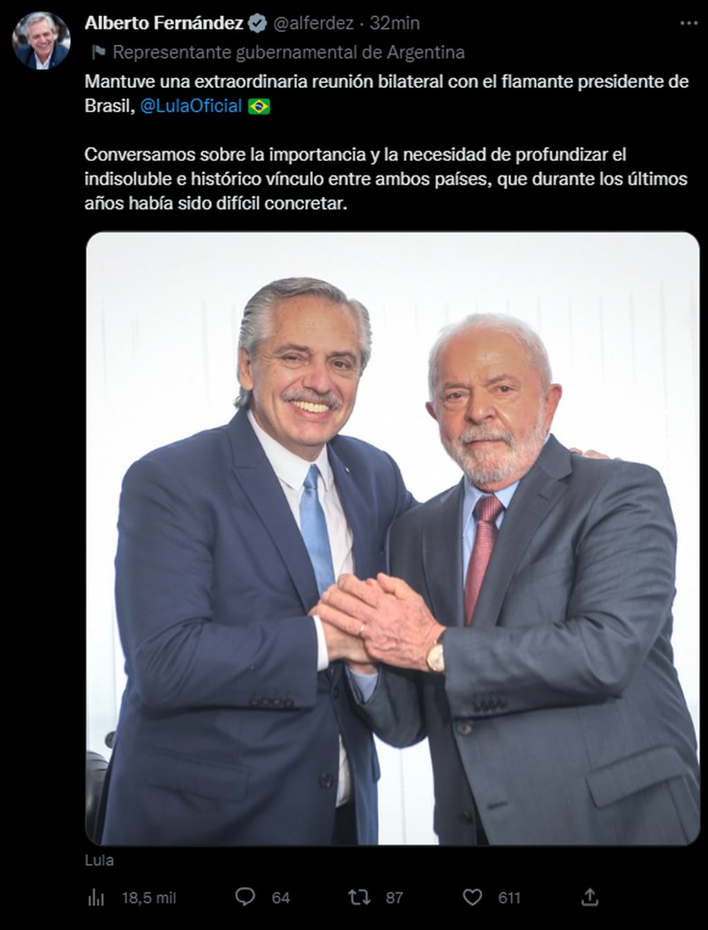 Alberto Fernández sobre la asunción de Lula. Foto: Twitter/@alferdez