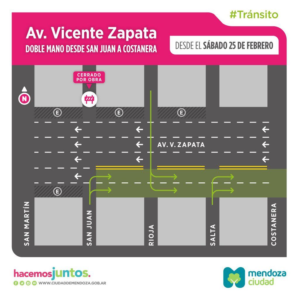 Cambios en avenida Vicente Zapata por obras (Prensa Ciudad de Mendoza)