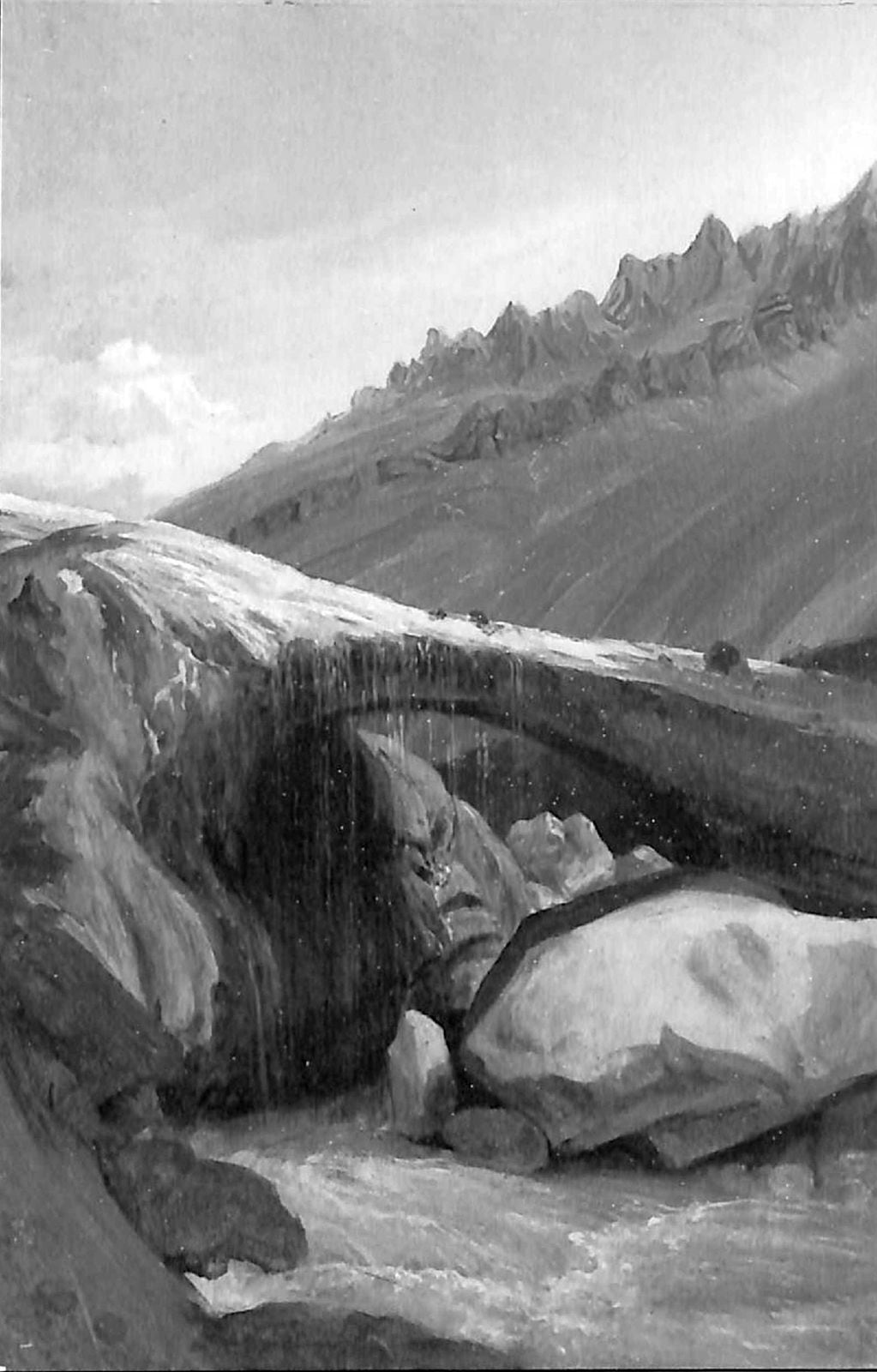 Roberto Krause. “El Puente de Inca”. Óleo sobre cartón, 1838. Fuente: Biblioteca Nacional Digital de Chile.