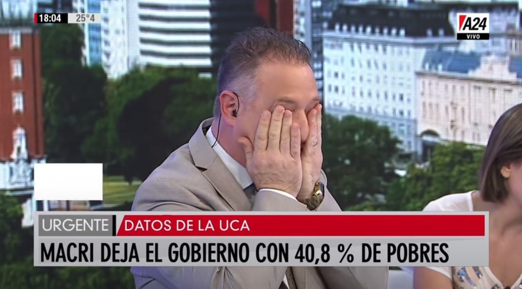 Cuando el periodista Lucio Di Matteo (A24) lloraba por la pobreza en el gobierno de Macri. Ahora insultó a Victoria Villarruel al aire. / Captura TV