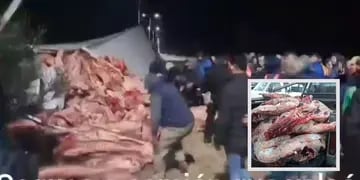 Video: volcó un camión con carne y lo saquearon