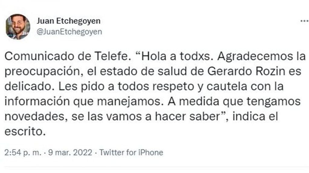 Juan Etchegoyen publicó lo que dice el comunicado de Telefe