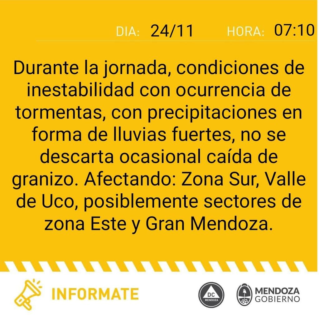 Alerta amarilla por tormentas en Mendoza (Defensa Civil)