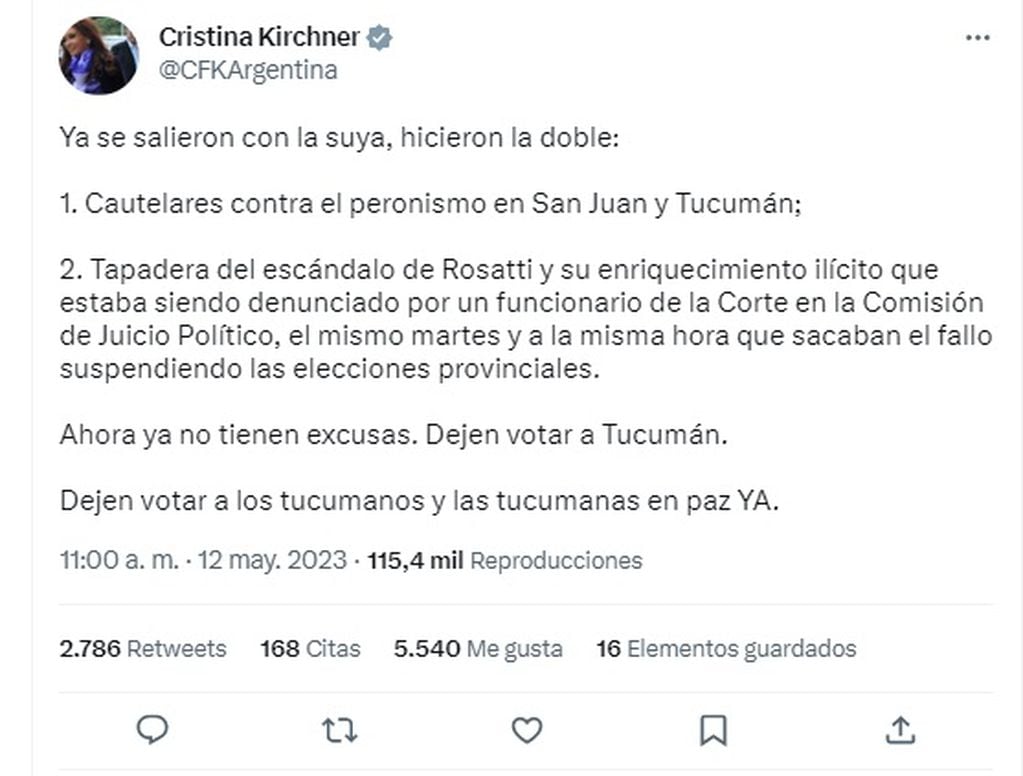 Cristina Kirchner volvió a cargar contra la Corte Suprema: "Ya se salieron con la suya" (Twitter)