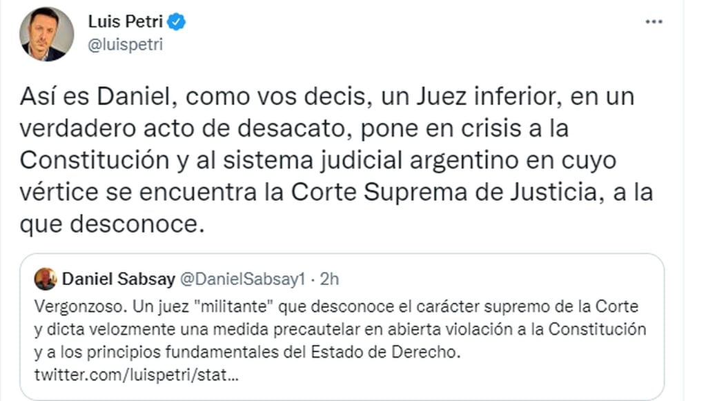 Luis Petri, ex diputado nacional de Juntos por el Cambio, criticó al kirchnerismo por el amparo de un juez federal de Entre Ríos.