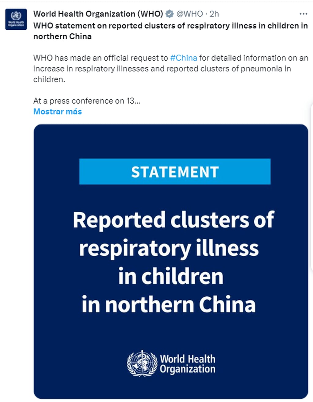 La OMS expresó preocupación por el aumento de enfermedades respiratorias en China - X OMS