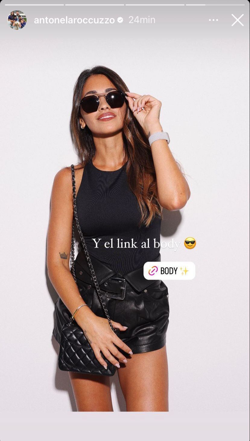 El look “total black” que Antonela Roccuzzo promociona en redes. Gentileza Instagram.