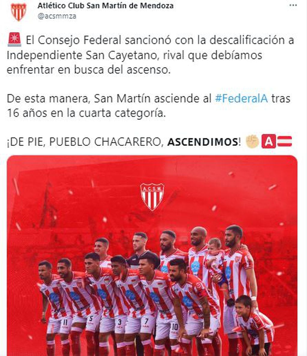 San Martín festejó en redes el ascenso al Torneo Federal 2023. / Twitter