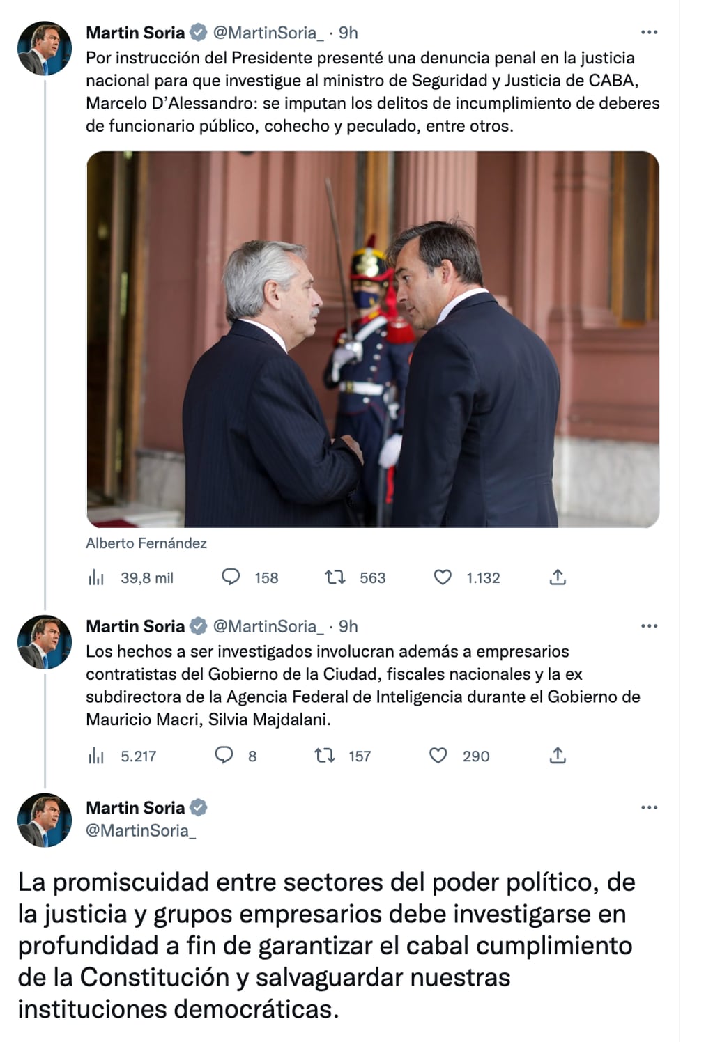 El ministro de Justicia, Martín Soria, denunció al jefe de la cartera de Seguridad porteño y lo criticó por Twitter.