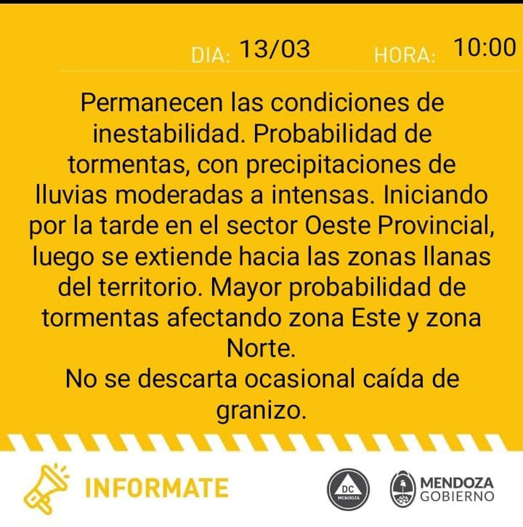Defensa Civil emitió alerta por tormentas para este lunes en Mendoza