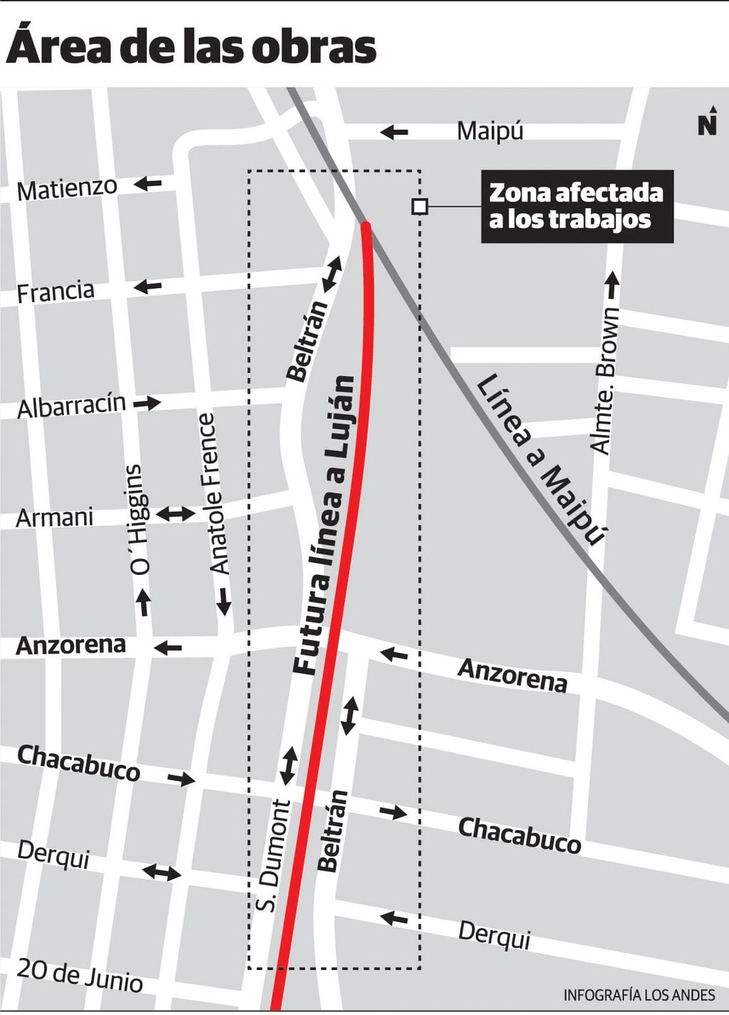 Zona de las obras en el inicio del nuevo ramal del Metrotranvía que llegará a Luján. Gustavo Guevara