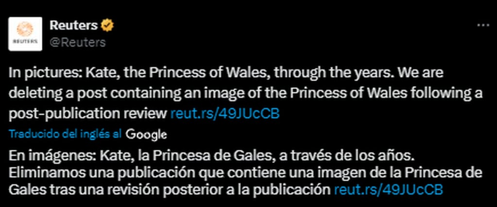 Reuters eliminó la foto de la princesa Kate Middleton. Foto: captura.