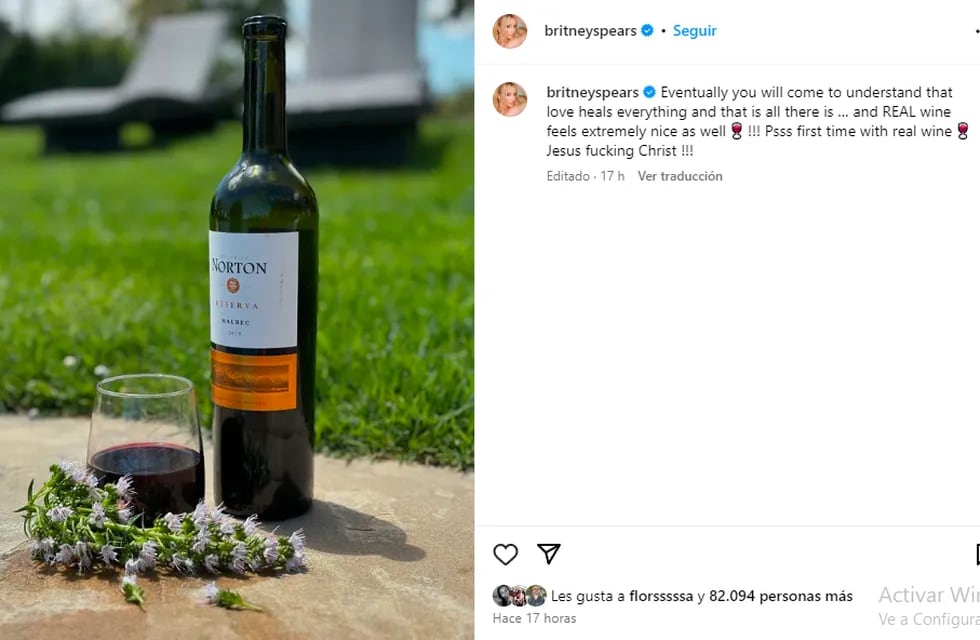 Britney Spears probó un vino mendocino. "El vino real se siente muy bien", escribió la cantante en su cuenta. Instagram @britneyspears