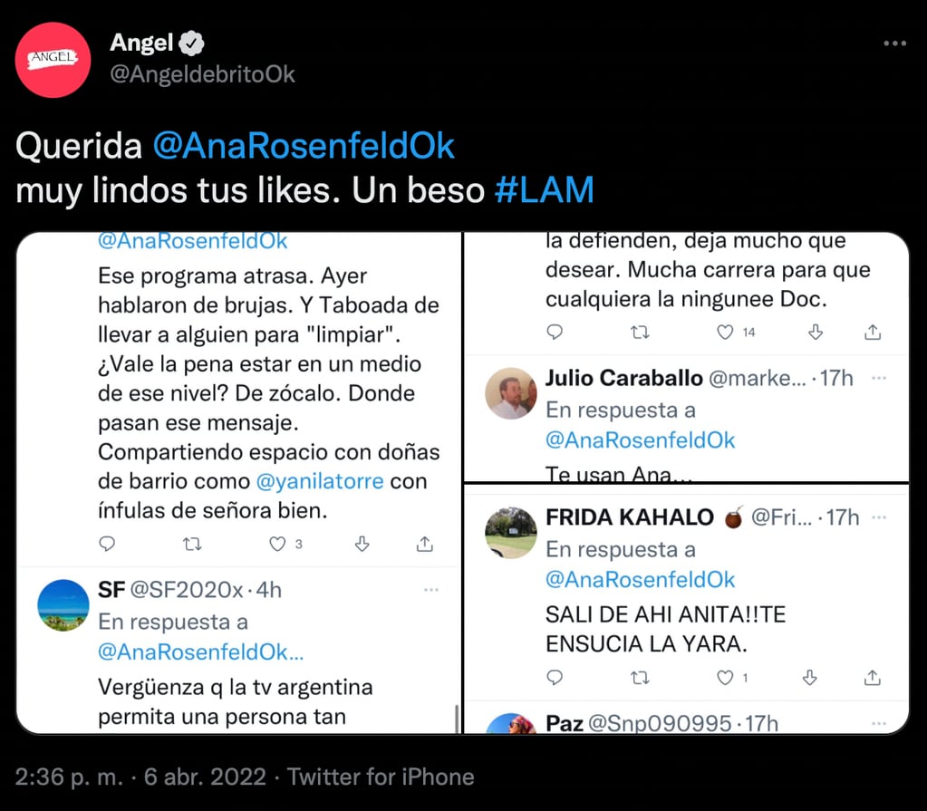 Los tuits del conductor de LAM contra Ana Rosenfeld.