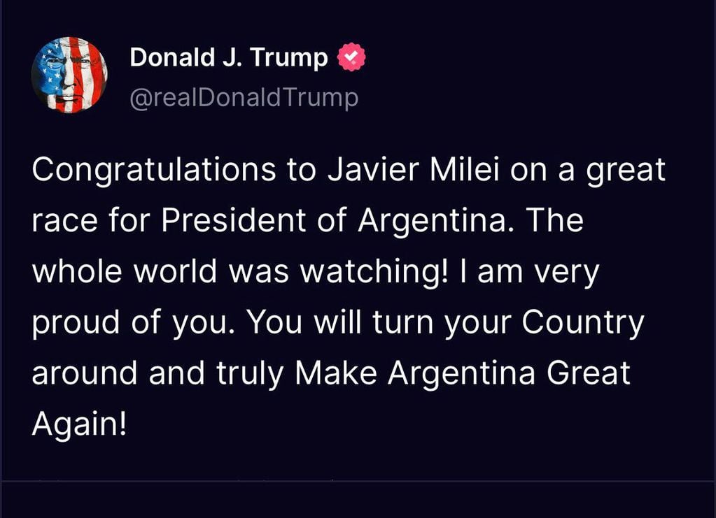 Donald Trump felicitó al presidente electo Javier Milei: “Harás que Argentina vuelva a ser grande”.