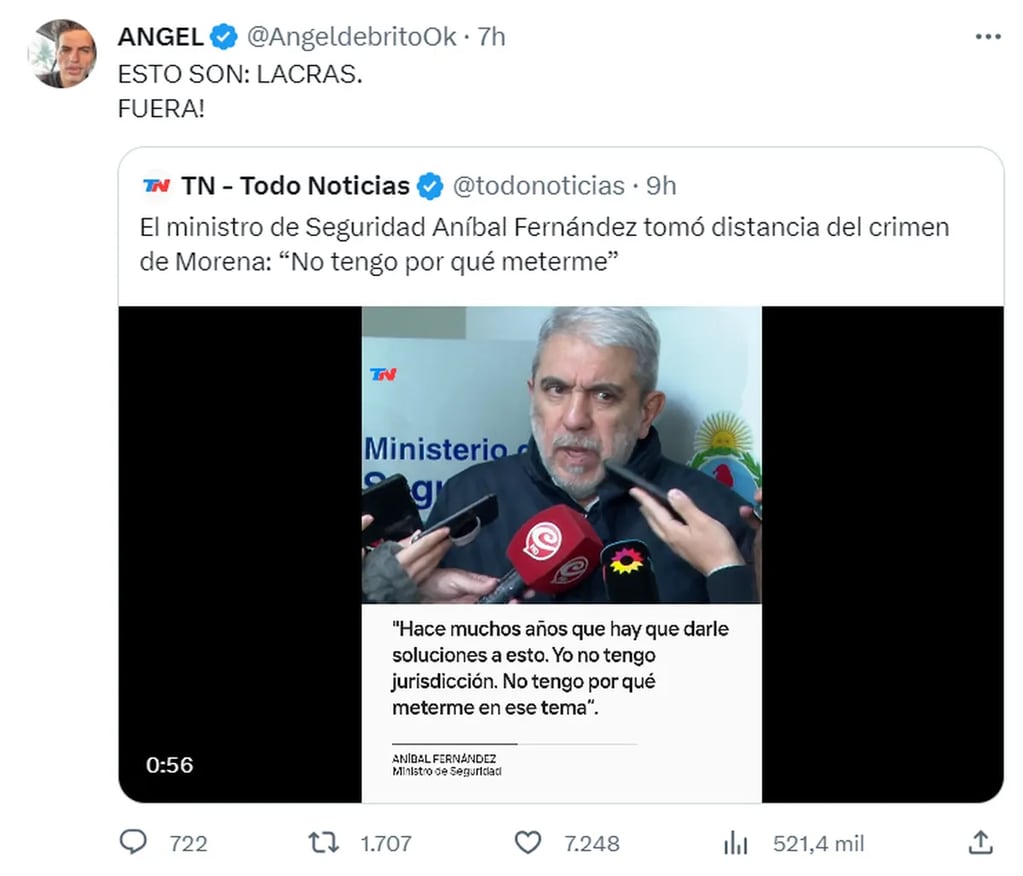 El repudio de Ángel de Brito por el caso de Morena Dominguez.
