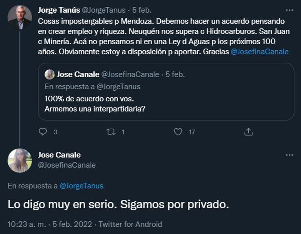 El intercambio en Twitter entre el peronista Jorge Tanús y la oficialista Josefina Canale.