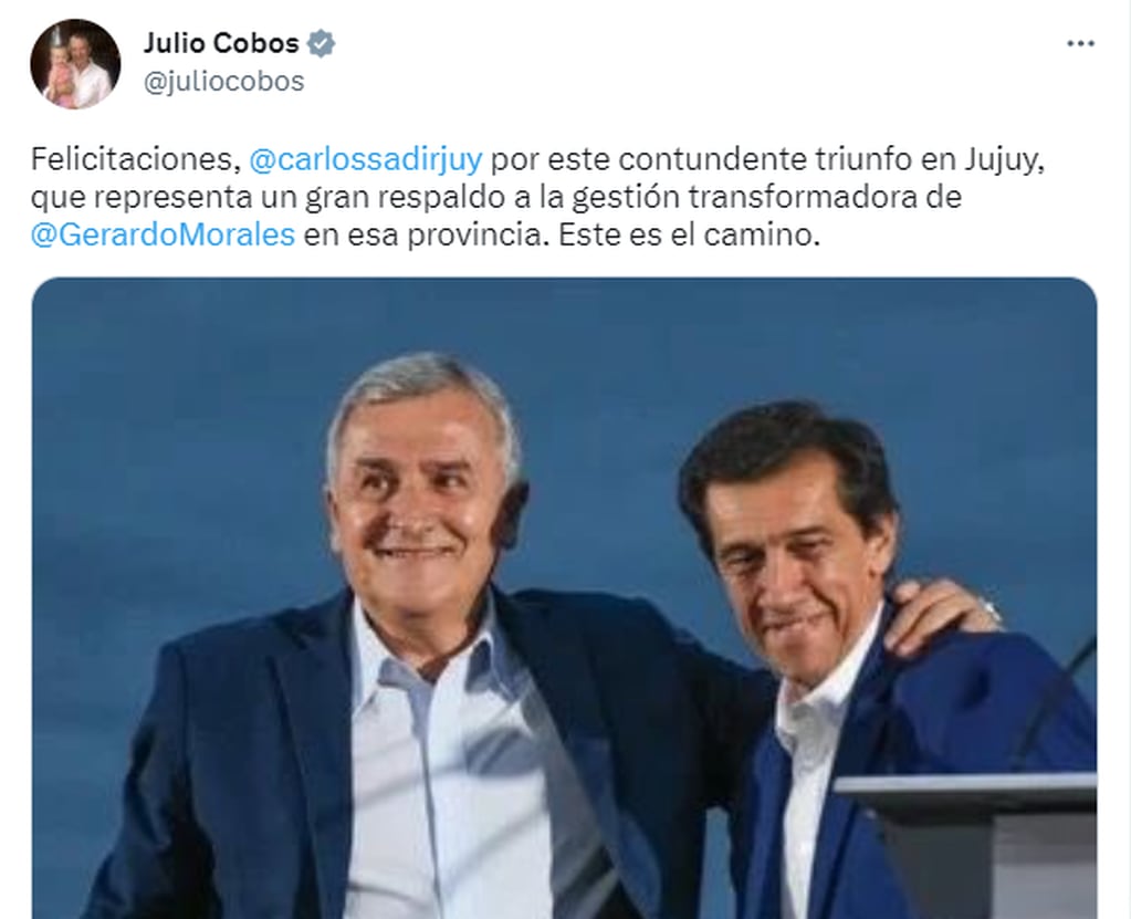 El diputado nacional saludó a Gerardo Morales por la elección en Jujuy en la que triunfó su elegido para continuar en la gobernación.