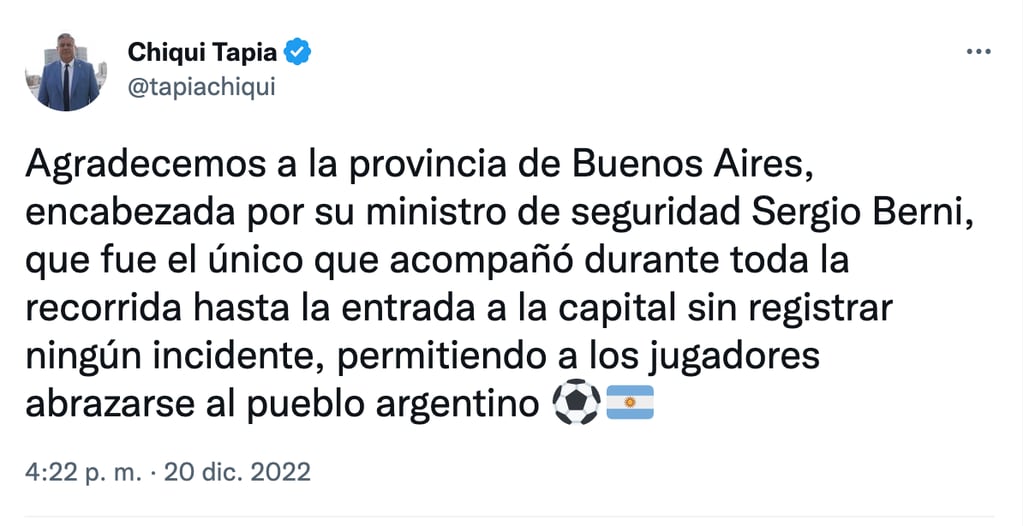 Críticas de Chiqui Tapia a la organización de la caravana, excepto al ministro de seguridad de la provincia de Buenos Aires, Sergio Berni