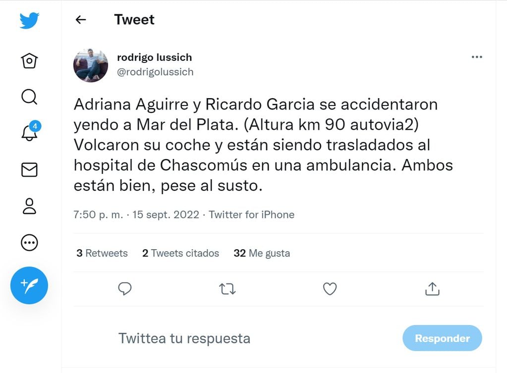 Adriana Aguirre y Ricardo García tuvieron un accidente.
