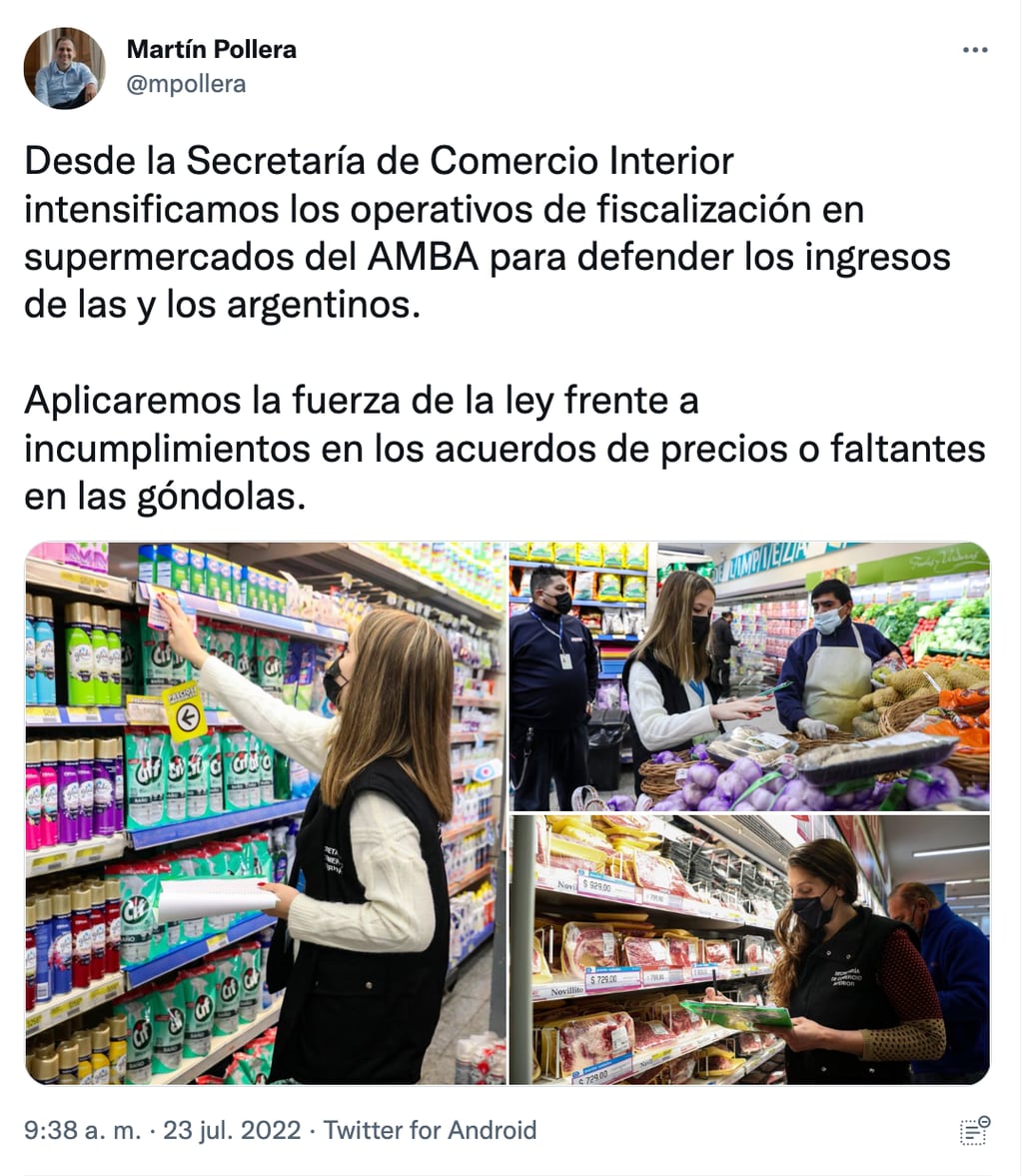 Mensaje del secretario de Comercio Interior, Martín Pollera, que mostró los controles en almacenes y supermercados.