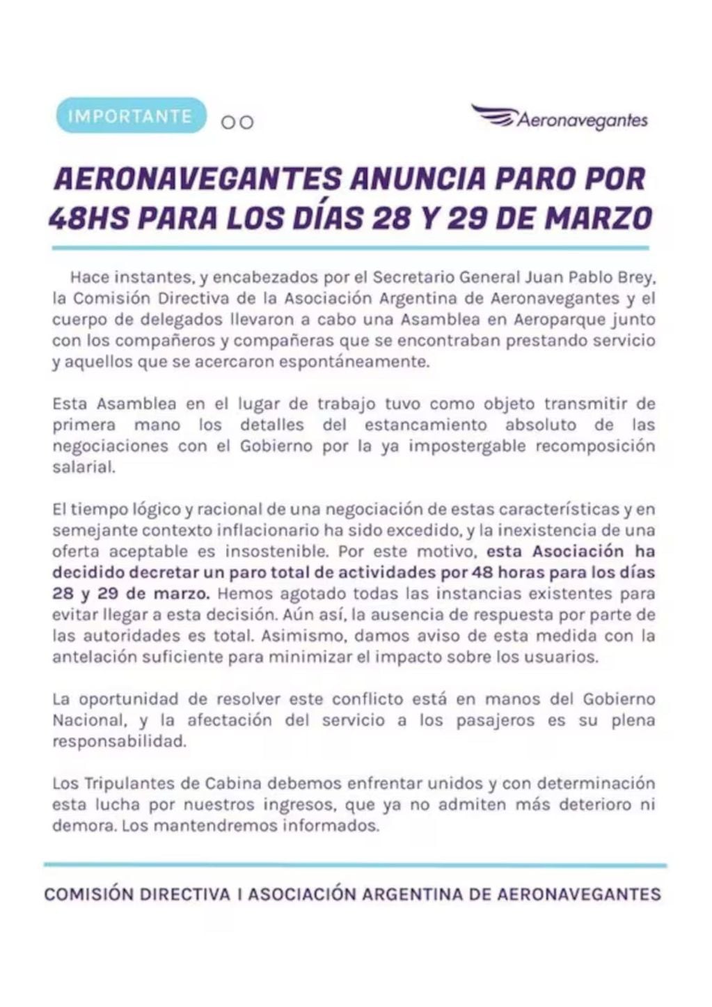 El comunicado de prensa de la Asociación Argentina de Aeronavegantes publicado hoy