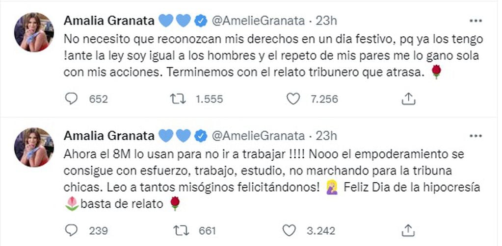 Amalia Granata dice que no quiere un Día de la Mujer (Twitter)