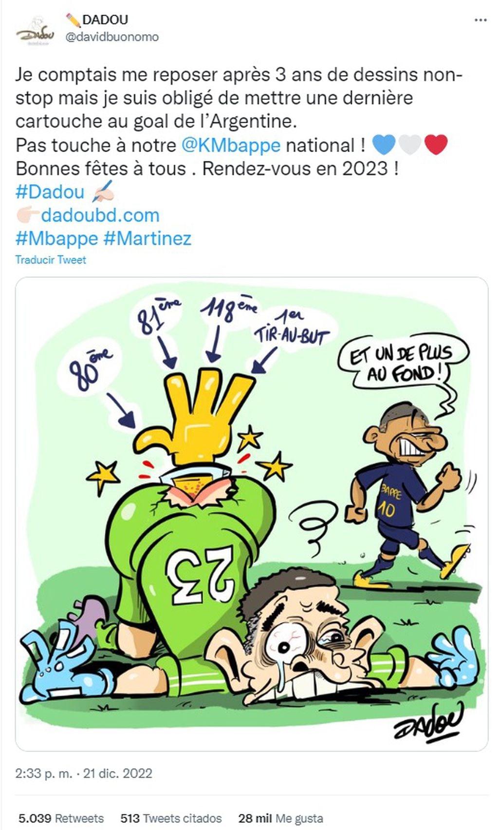 El dibujante francés Dadou desató polémica por su caricatura burlándose del "Dibu" Martínez, campeón del mundo con la Selección Argentina (Twitter)