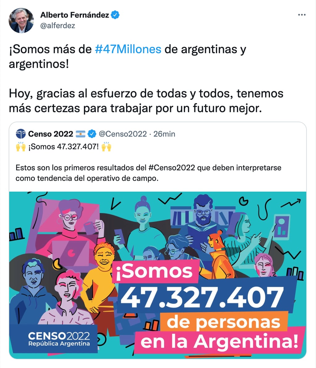 Mensaje del presidente Alberto Fernández sobre el resultado del Censo que indica que en Argentina hay más de 47 millones de habitantes.