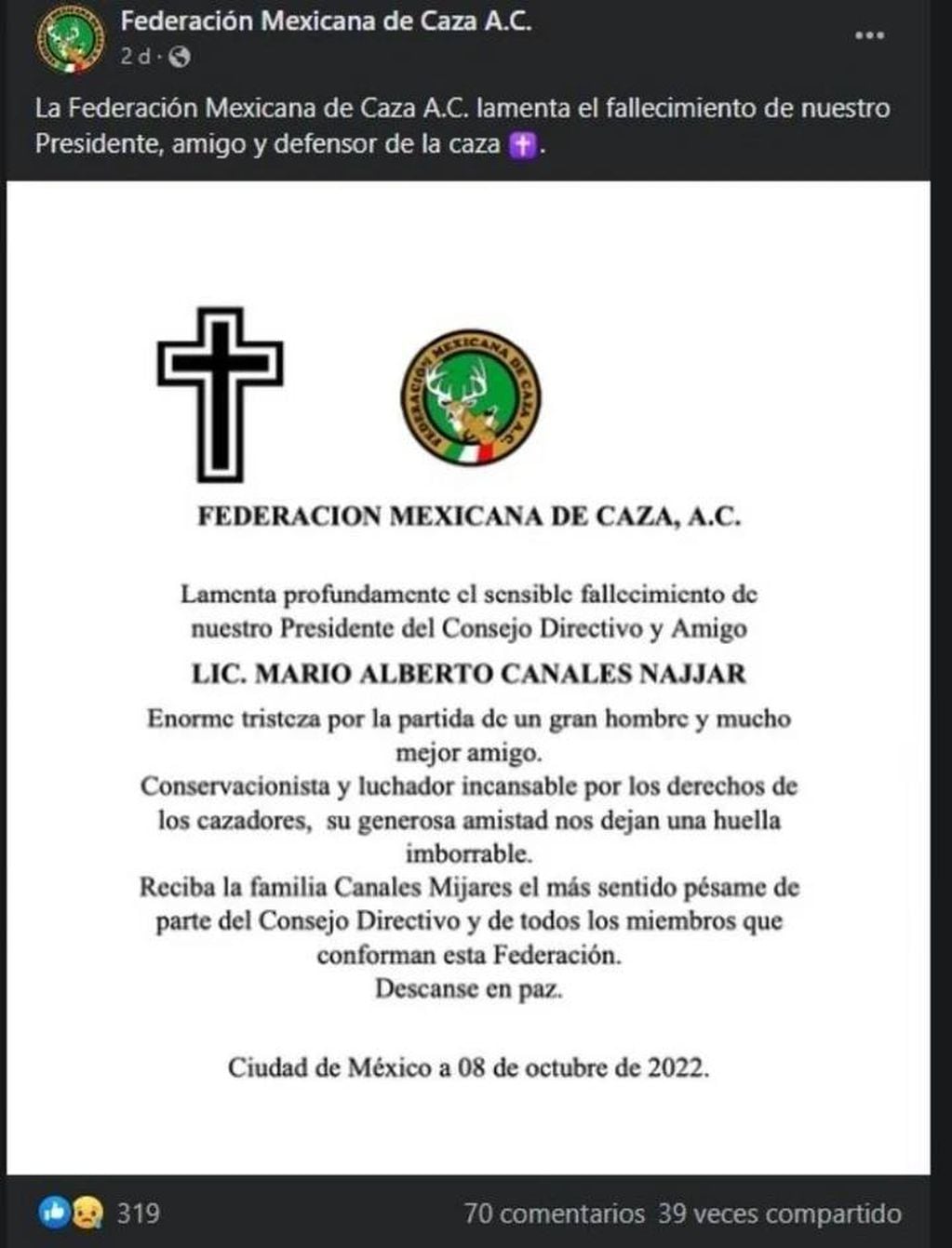El comunicado que la Federación Mexicana de Caza compartió en redes sociales luego del fallecimiento de su presidente.