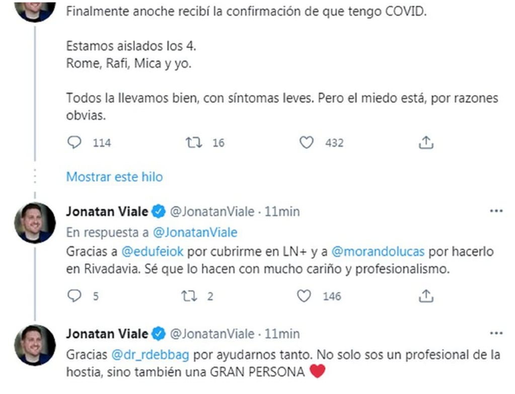 Jonatan Viale y su mensaje comunicando que tiene coronavirus