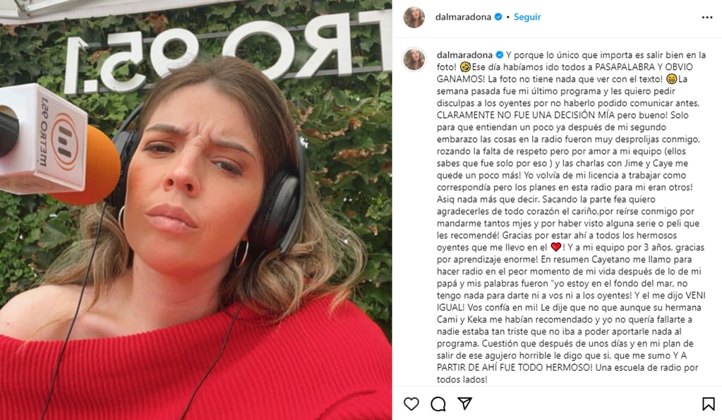 El descargo de Dalma tras su abrupta salida de Radio Metro. (Instagram Dalma Maradona)