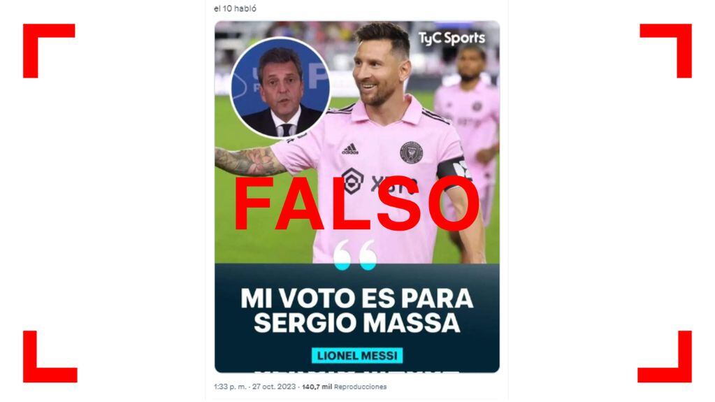 Son falsas estas supuestas placas de TyC Sports sobre Lionel Messi y un apoyo a Sergio Massa. (Reverso)