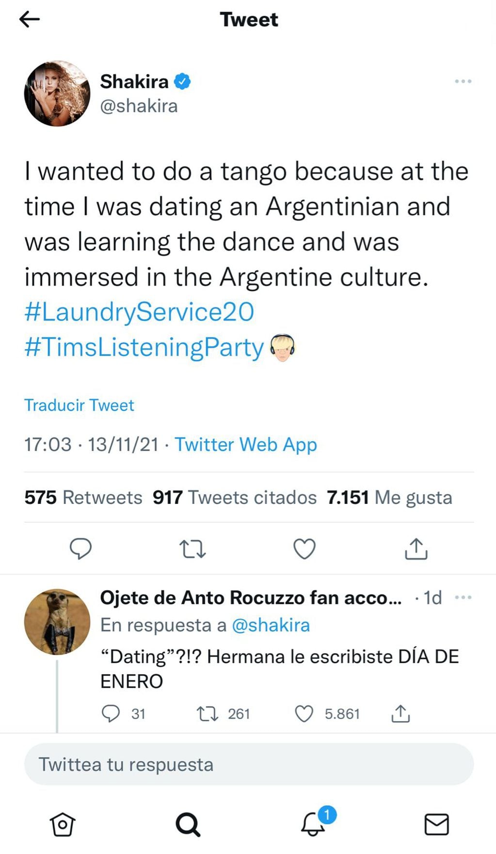 Shakira habló -implícitamente- de su expareja Antonio de la Rúa (Twitter) 