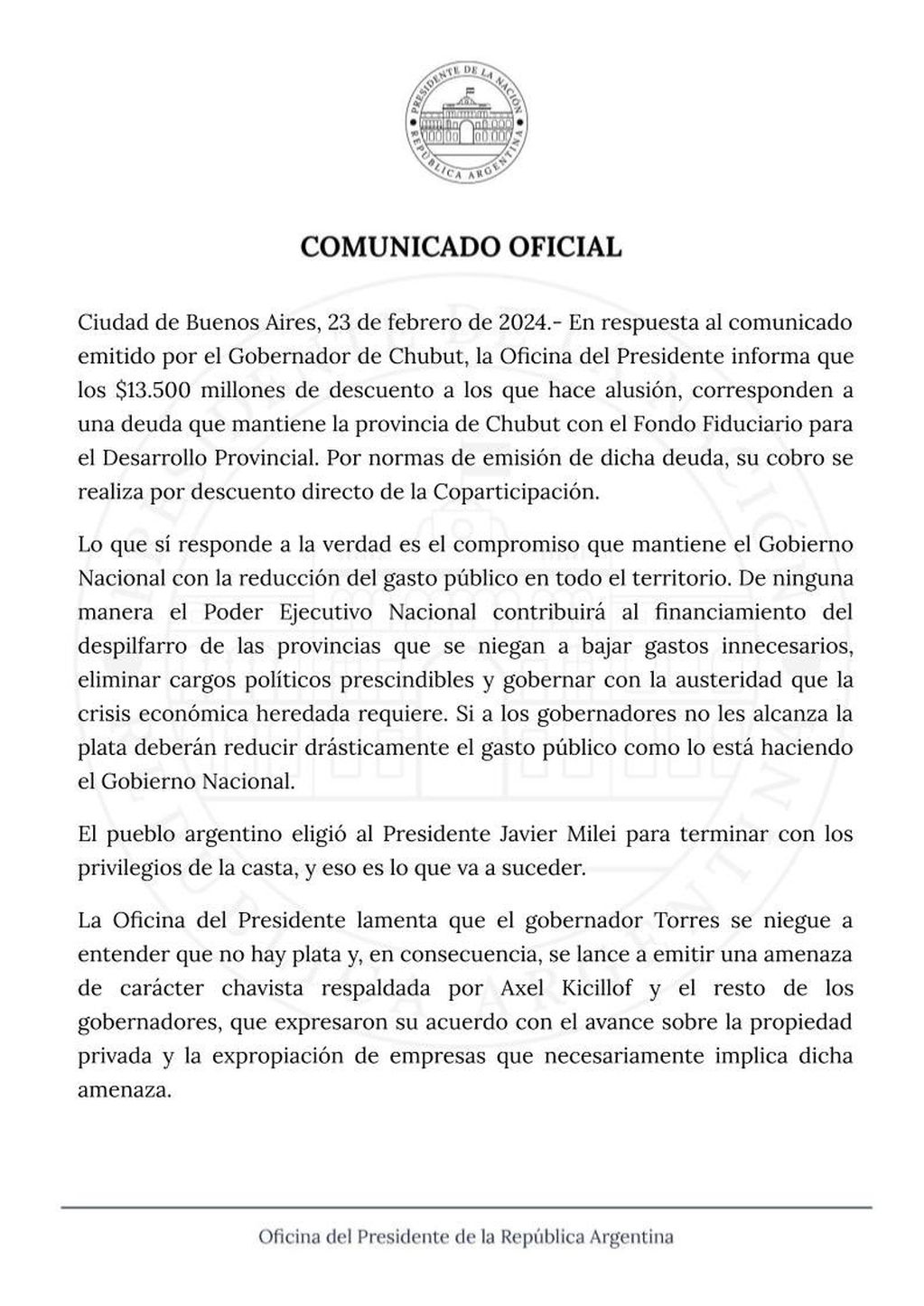 El durísimo comunicado de Javier Milei contra el chubutense Ignacio Torres por el reclamo de los fondos coparticipables y la puja por el petróleo.